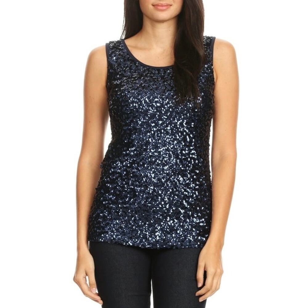 EUC New York & Company Navy Sequin Scoop Neck Sleeveless Tank Top. Size M.